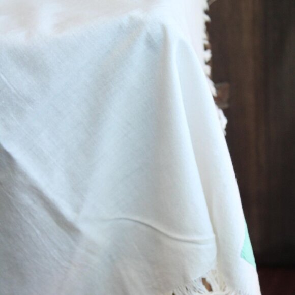Vintage 1960s Tablecloth, 36 Inch Feedsack Cloth With Fringe and Cutwork - Picture 5 of 10